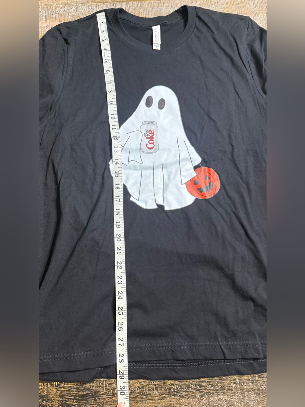 Bella Canvas Black Tee with White Ghost, Orange Jack-O'-Lantern & Red Soda Can - Picture 7 of 8